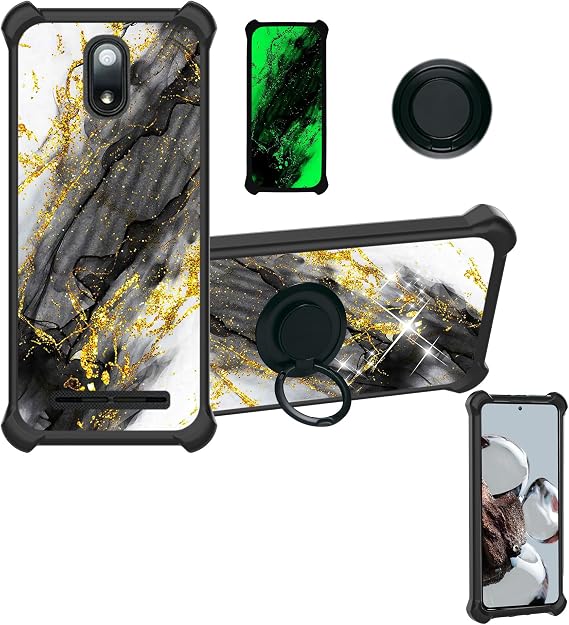 Aroepurt Case Compatible for Ans P550 Phone Case Cover [with 1* Tempered Glass Screen Protector][Hard PC + Soft Silicone][Ring Support] [Gold Glitter+Luminous] JSH-HDL