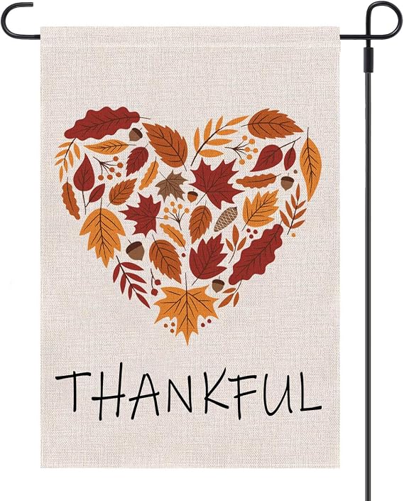 Thankful Garden Flag Burlap Autumn Leaf Heart Thanksgiving Garden Flag, Double Sided Happy Fall Harvest Rustic Yard Outdoor Decoration, 12.5 x 18.5 inch