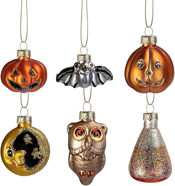 Deloky 6 Pcs Halloween Glass Blown Hanging Ornaments- Halloween Decoration Glass Tree Decoration - Halloweens Bat Pumpkin Owl Ornaments for Home Haunted House Party Decor