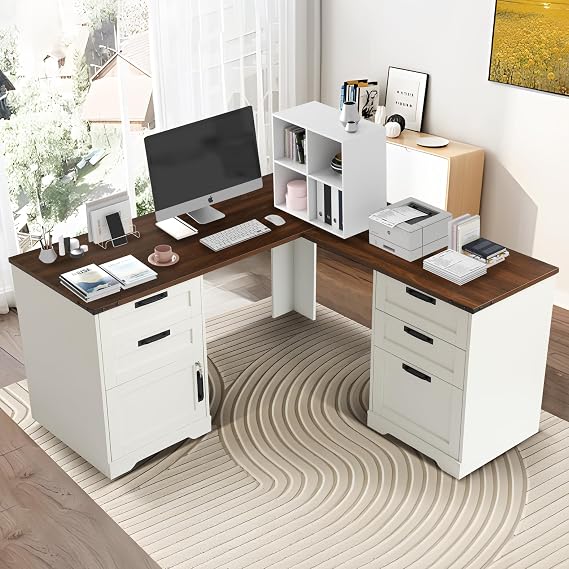 60" L-Shaped Executive Desk with Power Outlets & Drawers, White | Wooden Home Office Computer Table with Lockable & Adjustable Storage Cabinet, Corner Standing Writing Desks for Work or Study