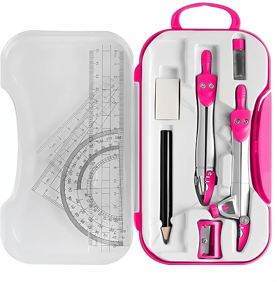 School Compass, 10-Piece Set, Math Compass, Geometric Compass, Math Set, Protractor, Ruler Set, Triangular Ruler, Math Ruler Set, Clear Case Included, Pink, Red