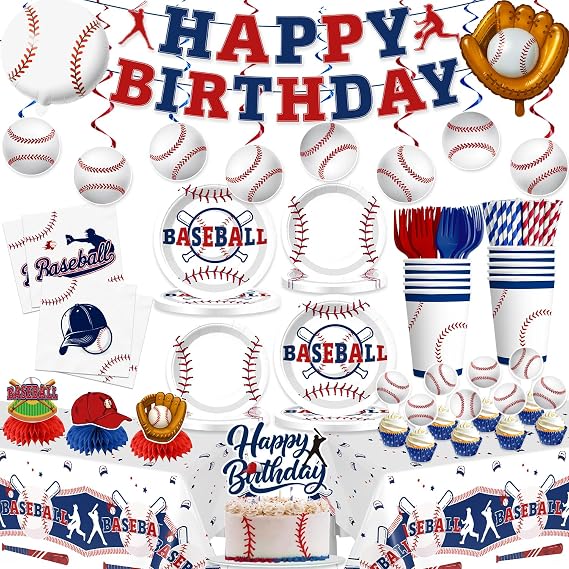 Xynic 202Pcs Baseball Birthday Decorations Tableware Set Serve 25 Guests, Baseball Party Decorations Include Banner, Plates, Tablecloth, Cake Topper, Cups, Cupcake Topper for Baseball Birthday Party