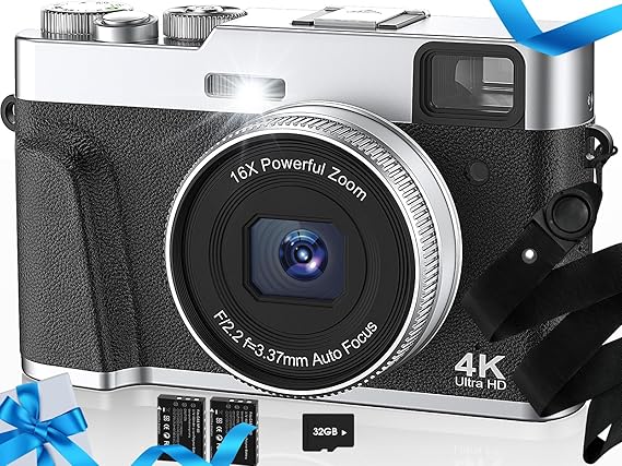 Upgraded 4K Digital Camera with SD Card Autofocus,48MP Point and Shoot Camera with Flash Viewfinder & Dial,Vlogging Camera Anti-Shake,16X Zoom Portable Travel Camera,2 Batteries | フラッシュファインダー&ダイヤル付きポイントアンドシュートカメラ、Vlogカメラ手ブレ防止、16倍ズームポータブルトラベルカメラ、バッテリー2個。