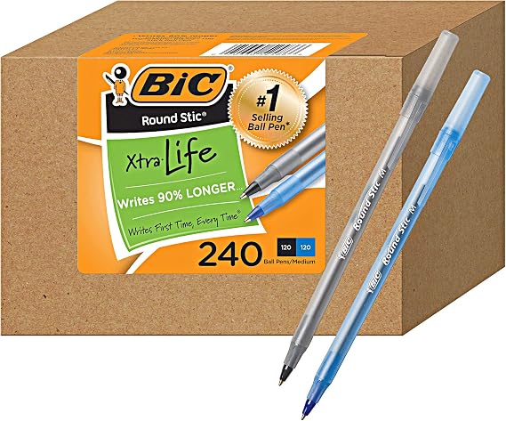BIC Round Stic Xtra Life Ballpoint Pen, 1mm Medium Point, Pack of 240