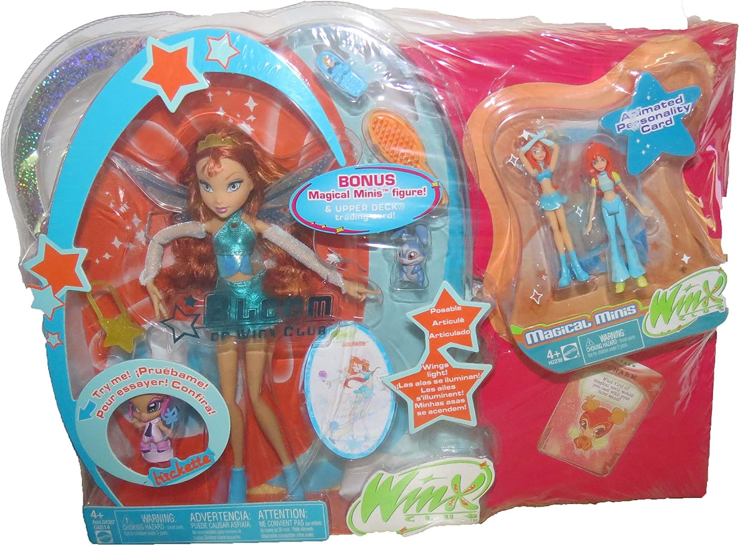 Winx Bloom of Winx Club Doll, Magical minis Figure, Lockette, Rabbit Kiko, @2006 Trading Card, Button Cell Batteries Required