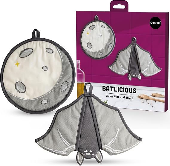 New - OTOTO Batlicious Oven Mitts and Pot Holders Sets - Heat Resistant Trivets for Hot Dishes, Cooking Goth Kitchen Decor, Cute Accessories, Pot Holders, Spooky Halloween Bat Moon Witchy Gifts