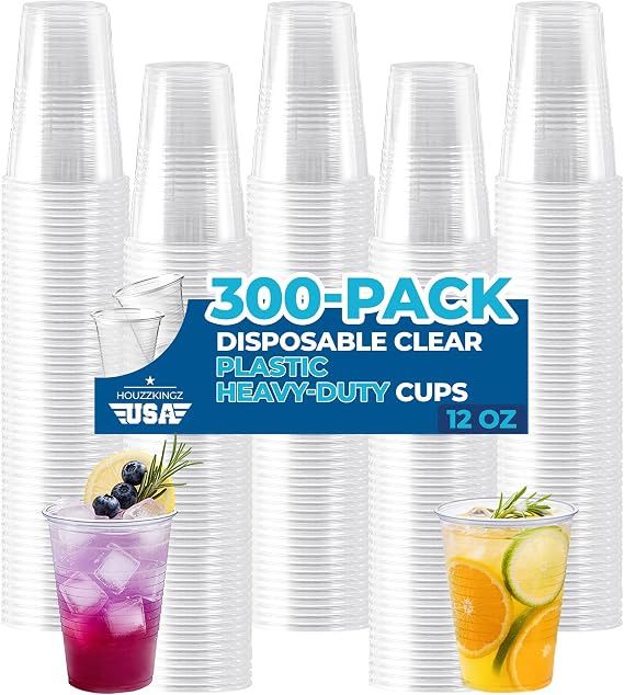 12 oz Plastic Cups Disposable - 300 Value Pack | Clear Translucent Disposable Cold Plastic Cups | Premium Quality Shatter Resistant Party Water Cup