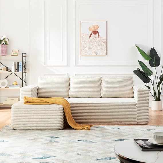 Panana 3 Seater Modular Sectional Sofa,Cloud Boneless Couch, L-Shape Chaise with Memory Foam Seating, Fabric Sofa Bed for Living Room – No Assembly Required (Beige, Left Corner)
