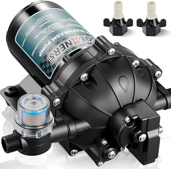 [Upgraded Version] 12V DC Fresh Water Pump, 6.5GPM 70PSI Five Chamber Self-Priming Diaphragm Pump with Heavy Duty Pressure Switch and Strainer for RV, Marine, Caravan