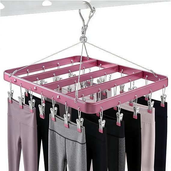 Pants Hangers Clothes Drying Racks Clip Hangers Metal with 36 Clips Windproof Underwear Hanger Foldable Laundry Clip for Jeans Yoga Leggings Trousers Socks Bras (Pink)