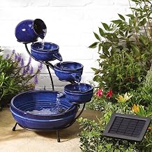Solar Powered 5 Tier Neptune Cascading Fountain – Smooth Blue Ceramic Tiered Outdoor Garden Water Feature for Patio, Decking, Balcony, Lawn, Yard - Measures H49 x W44 x D38cm