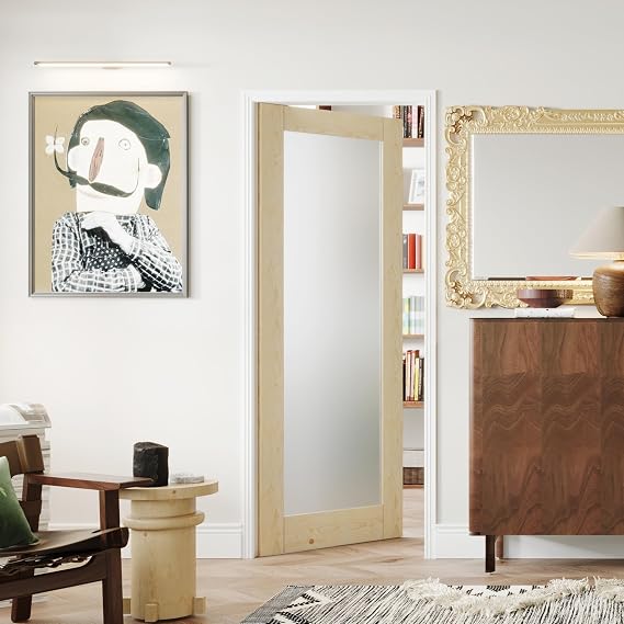 30" x 80" Interior Slab Door, 1 Lite Natural Frosted Glass Pantry & Bedroom Doors, Modern Single Pre-Finished Door Panel, Solid MDF Core Wood(Hinges Not Included)