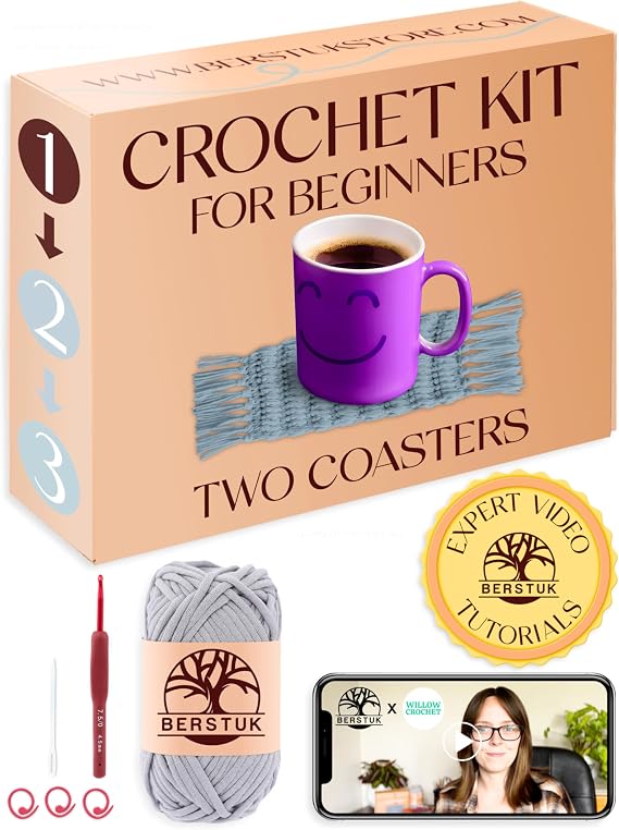 Absolute Beginner Crochet Kit for Adults - Easy Learn-to-Crochet Starter Set | Includes All Essentials for Crafting Mug Rugs - Perfect DIY Gift for Knitting and Crocheting Lovers