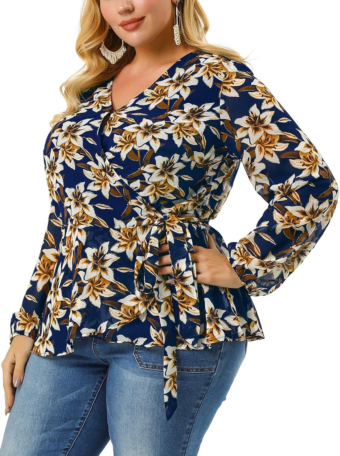 Agnes Orinda Plus Size Blouse for Women Floral Wrap Chiffon Long Sleeve Tops 1X Navy Blue