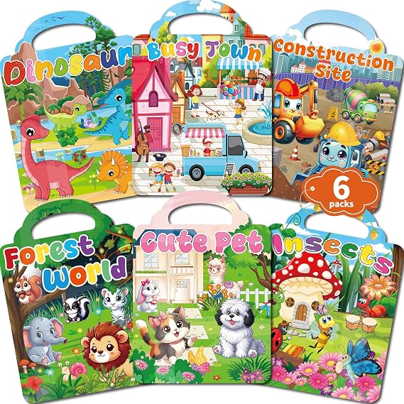 Kalysky 6 Set (260pcs) Reusable Sticker Books for Toddlers 1-3 2-4, Kids 3D Puffy Stickers (Dinosaurs, Forest, Town, Pets, Construction, Insects), Sticker Activity Books