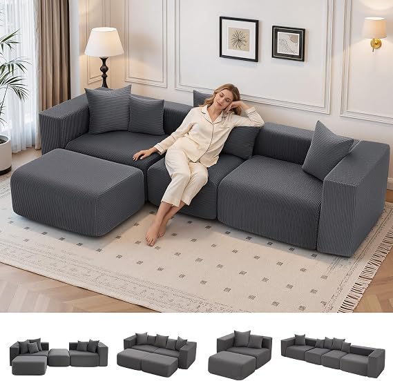 117 L-Shaped Corduroy Boneless Free Combination Modular Couch | No Assembly, Modern 4 Seater, Free Combination Modular Sectional Sofa, Convertible to Sleeper Sofa Bed for Living Room