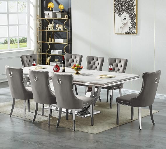 94.5" Faux Marble Dining Table Set for 8, Modern White Kitchen Table with Silver Stainless Steel Pedestal, Luxury Dining Room Table with 8 Gray Velvet Dining Chairs, 7 Piece Dining Table Set