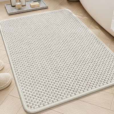 AMOAMI Chenille Bath Mat Super Absorbent Bathroom Mat Quick Dry Bath Mats for Bathroom Rubber Backed Bathroom Rugs Non Slip Washable Fit Under Door, Front of Bathtub, Sink, Beige&White 17x24