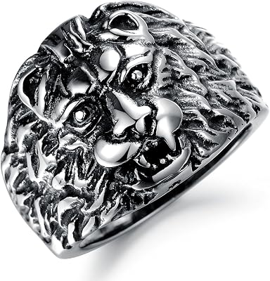 Paialco Mens Stainless Steel Lion Head Vintage Biker Ring Silver Black, Size: 9