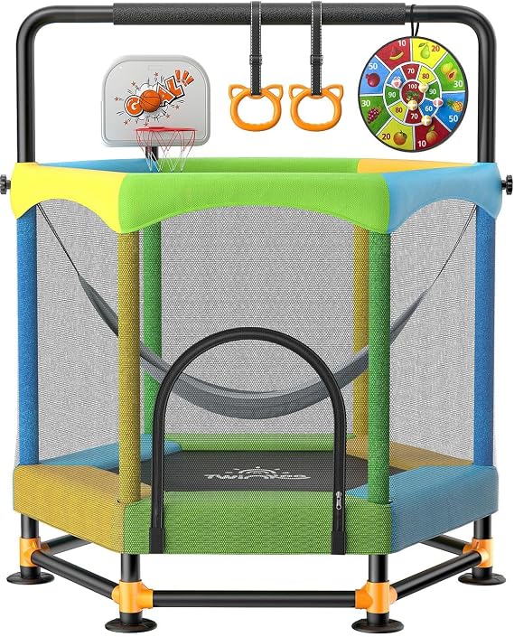 Twinkoo Toddler Trampoline for Kids, 5FT with Enclosure Net (Three Colors) | 360 Net Protection, ASTM Certified, 440 lbs Capacity, 3-Level Height, Gymnastic Ring, Basketball Hoop, Swing, Dartboard Toy