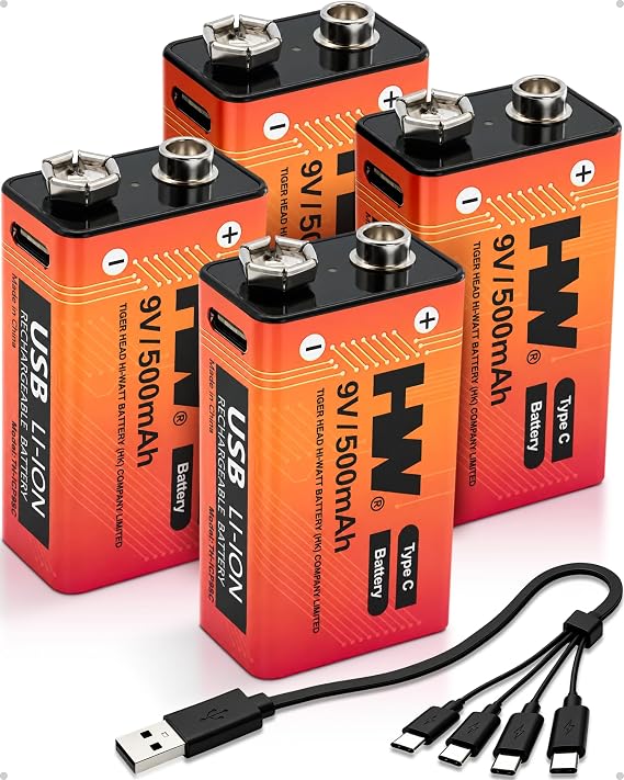 HW 9V Batteries, Rechargeable Lithium 4 Pack, USB-C for Smoke Detectors