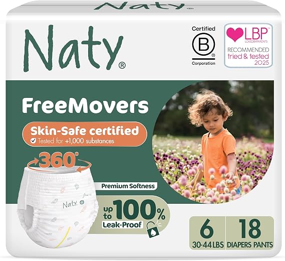 Naty FreeMovers Pull Up Training Pants for Sensitive Skin | Hypoallergenic Potty Training Underwear | Absorbent & Leak-Proof for Toddler | Soft, Unscented | Size 6, 4T5T (3044 lbs), 18 Count