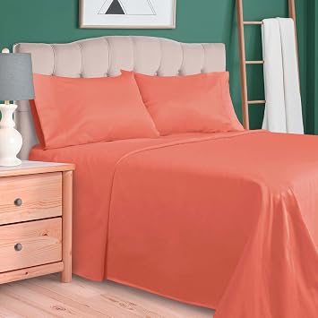 Superior Egyptian Cotton 4 Piece Sheet Set, 700 Thread Count, Eco-Friendly, Sustainable Sheets, Ultra-Soft Basics, Solid, Deep Pocket Fitted Sheet, Flat Sheet, Pillowcases, Full, Coral