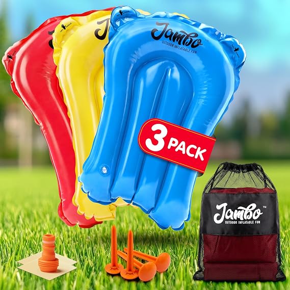 JAMBO 3-Pack Lawn Water Slide Bodyboards with Mesh Storage Bag Includes Slide Repair Patches, Ground Anchors & Hose Adaptors Water Slide Accessory Set for Kids