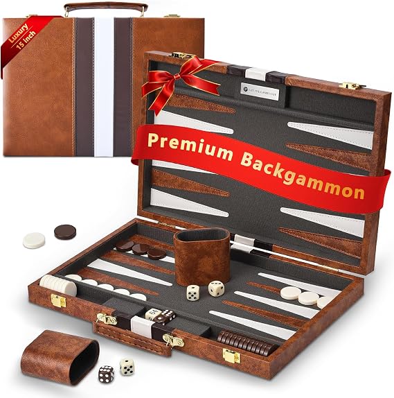 15 Inch Backgammon Set With Premium Leather Case, Portable Board Game With Acrylic Playing Pieces & Wooden Dice Cups, 2-Player Strategy Game For Adults, Brown