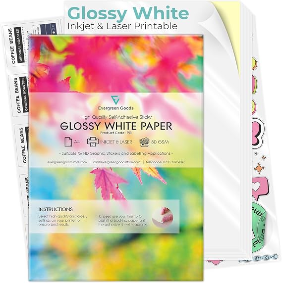 Evergreen Goods A4 Glossy White Sticker Paper, 100 Sheets, Inkjet & Laser Compatible, DIY Print Sticky Back Labels from Home