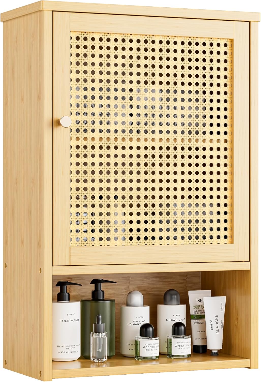 Bathroom Wall Cabinet, Bamboo Over-The-Toilet Storage Organizer with Rattan Doors and Adjustable Shelf, Space Saver Medicine Cabinet for Laundry, Kitchen, Living Room (Natural)
