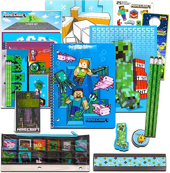 Minecraft Kids School Supplies Set with Pencil Case, Notebook, Pencils, Folders - 11 Pc. Set | 11Pc Minecraft Back to School Essentials, Elementary Classroom Must Haves for Stationery, Organization Plus Stickers, More