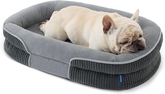 Bedsure Orthopedic Dog Bed Medium, Oval Bolster Pet Bed, 76x51x16.5cm, Grey