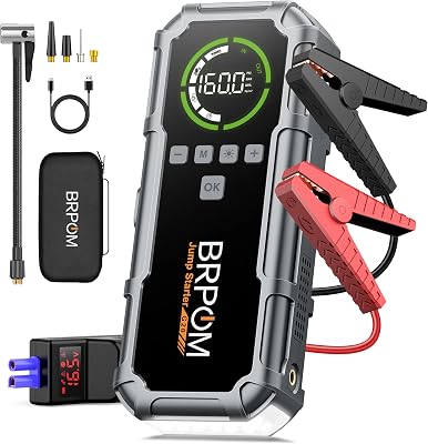 Jump Starter with Air Compressor, BRPOM 8000A Portable Car Jump Starter All Petrol12L Diesel, 160PSI 12V Battery Jump Starter Power Pack with Jump Clamps, LCD Screen, 600 Lumens Emergency Light