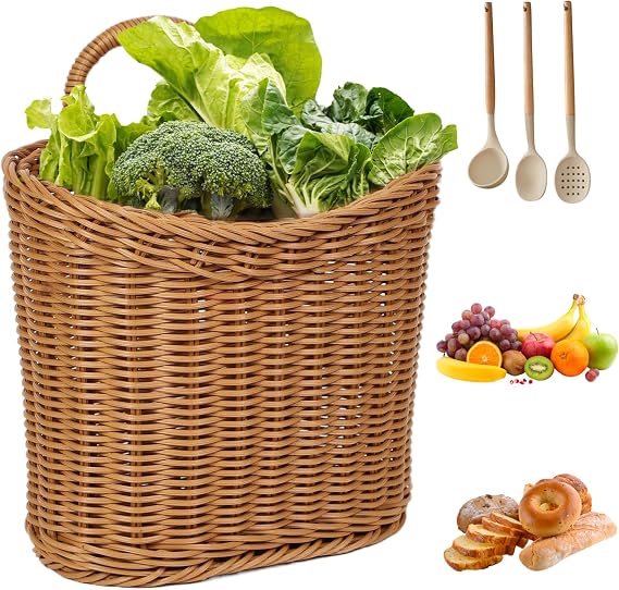 Wall Hanging Baskets, Plastic Woven Wicker Wall Baskets, Decorative Hanging Basket with Handle for Kitchen Vegetable Fruit Organizing