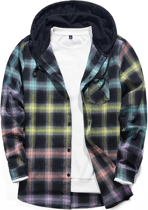 Men's Lightweight Flannel Hoodie Shirts Long Sleeve Plaid Casual Button Down Shirt