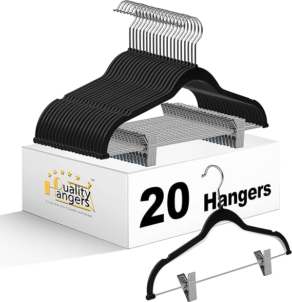 Quality Plastic 20-Pack - Non Velvet Non-Flocked Thin Compact Coat Hangers with Metal Clips for Skirts Pants Blouses - 360 Swivel Hook (Black, 20)