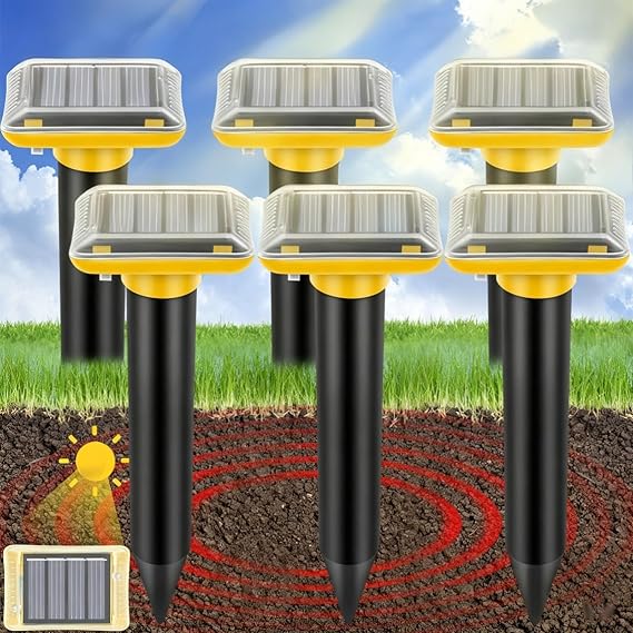 Mole Repellent Solar Powered,2025 Upgraded Gopher Repellent Ultrasonic Solar Powered,Vole Repeller Outdoor for Lawns Garden Yard,Gopher Trap Killer for Mole,Snake (Dark Yellow,6 Pack)
