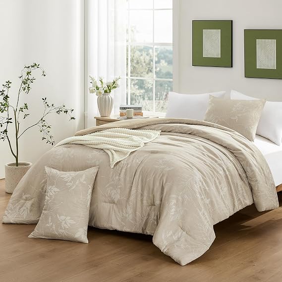 downluxe Queen Comforter Set - 3 Pieces Khaki Bedding Comforter Sets, Queen Botanical Flower Comforter, 1 Soft Reversible Floral Comforter and 2 Pillow Shams for All Seasons