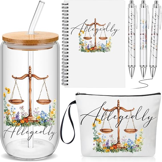 Maitys 6 Pcs Lawyer Gift Set for Women Law School Graduation Gifts Scales of Justice Makeup Bag 17 oz Glass Cup with Lid and Straw Spiral Journal with 3 Pens for Attorney Law Students Paralegals