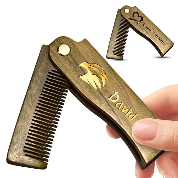 Personalized Wooden Folding Beard Comb for Men | Custom Name Engraving, Folding Pocket Design, Smooth Wooden Teeth, Beard And Hair Grooming, Meaningful Gift