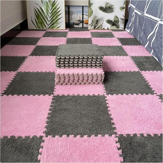 12 Pcs Interlocking Carpet Tiles, Plush Foam Square Floor Mats Set, Puzzle Floor Mat For Living Room, Bedroom And Hard Floor, 12 Tiles/12 Sq.Ft(Color:Apricot) (Grey+Pink)