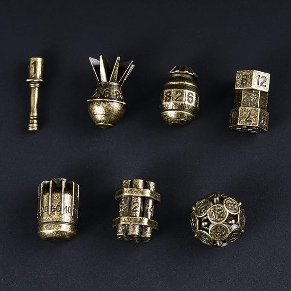 cusdie 7-Die Creative Metal Dice Set DND Dice Set for TTRPG Dungeons and Dragons Role Playing Dice Games RPGs(Bronze)