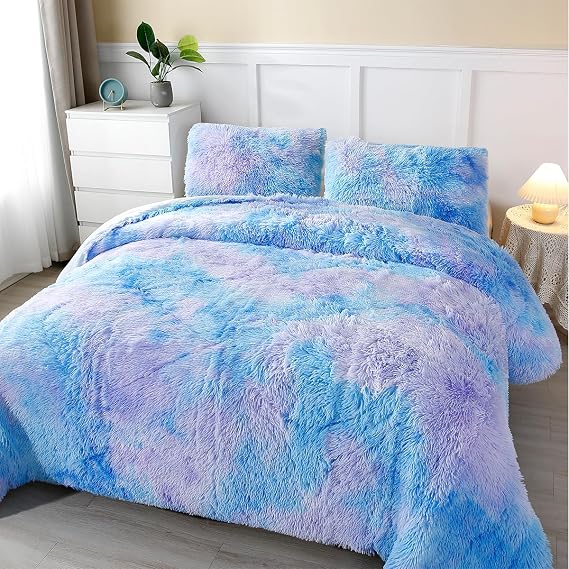 Twin Faux Fur Plush Bedding Blue Soft Fluffy Girls Comforter Set | Colorful Tie Dye Shaggy Bedding Comforter Set Velvet Fuzzy Furry Rainbow Bed Set for Winter, 1 Warm Comforter & 2 Pillowcases