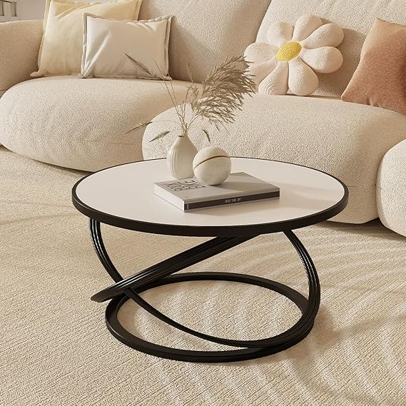 Modern Round Coffee Table, Living Room Tables, Rock Board, Metal Frame, for Living Room, Home Small Space(Black,50CM/19.6'')