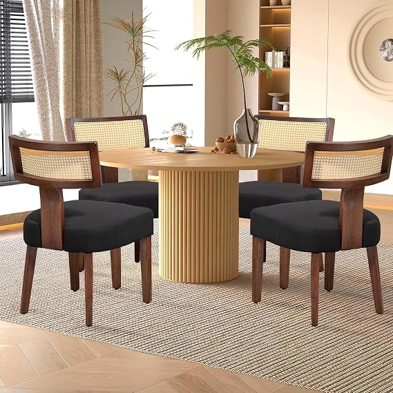 Black Rattan Dining Room Chairs Set of 4, Modern Cane Kitchen Chair with Walnut Wood Frame & Linen Upholstered