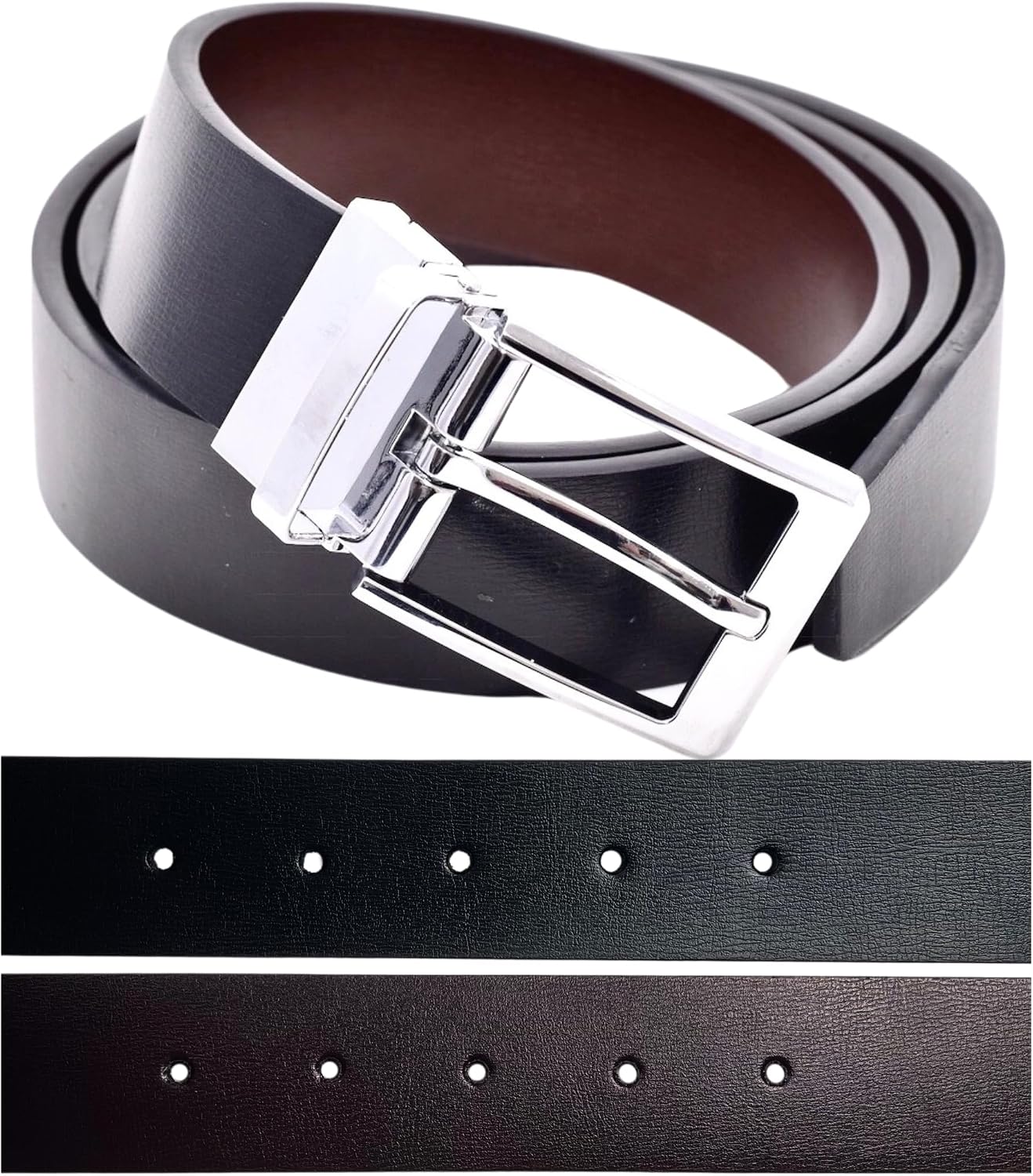 Reversible Belt, Black Leather One Side, Brown the Other, Chrome Twist Mechanism Buckle, 34mm Wide, Nicely Gift Boxed, Smart or Casual to Fit Waists 32'' to 48''
