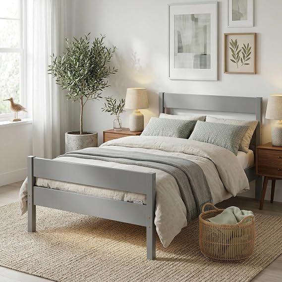 VECELO Twin Size Platform Bed Frame, Solid Wood Twin Bed with Slat Support, 400lbs Weight Capacity, No Box Spring Needed, Modern 3-Bar Headboard, Light Gray