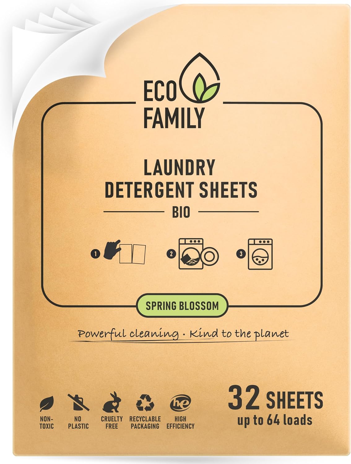 Eco Family Laundry Detergent Sheets Bio | 32 Sheets (Up to 64 Washes) | Spring Blossom | Concentrated Eco-Friendly | Natural Enzymes, Plastic-Free, Non-Toxic, Vegan | Removes Tough Stains | HE Safe