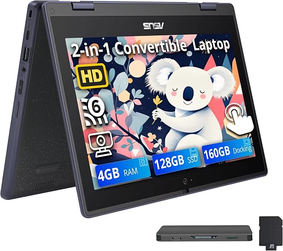 ASUS 11.6" HD Touchscreen 2-in-1 Laptop for Students, Intel Celeron N100, UHD Graphics, 4GB RAM, 288GB Storage(128GB SSD+160GB Docking Station Set), Webcam, Wi-Fi 6, Windows 11 Pro, Mineral Gray